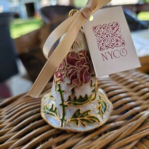 Vintage Cloisonne Bell Ornament  Enamel. Gold. Roses. Heirloom NEW